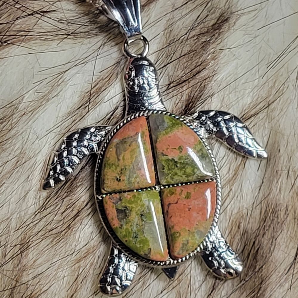 Unakite Gemstone Turtle Necklace‎